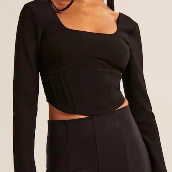 Abercrombie & Fitch Black Corset Long Sleeve Crop Top Square Neck size Small - Picture 1 of 12